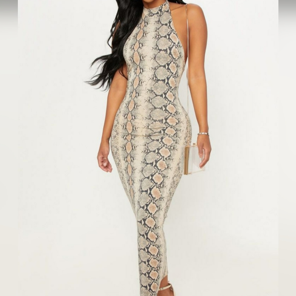Taupe snakeskin halterneck maxi dress